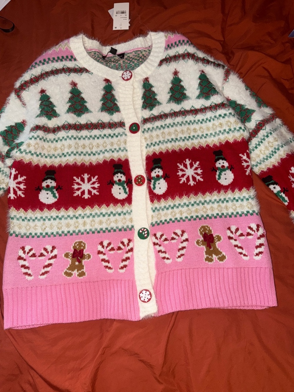 32 Degrees Pink, Red, White & Green Holiday Cardigan